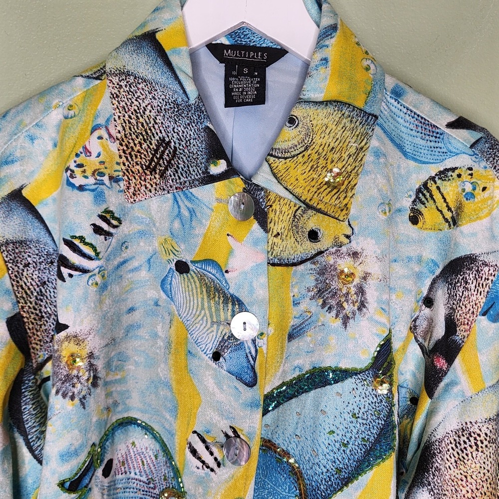 Multiples Jacket Mother of‎ Pearl Button Front Blue Yellow Fish Print Coastal S